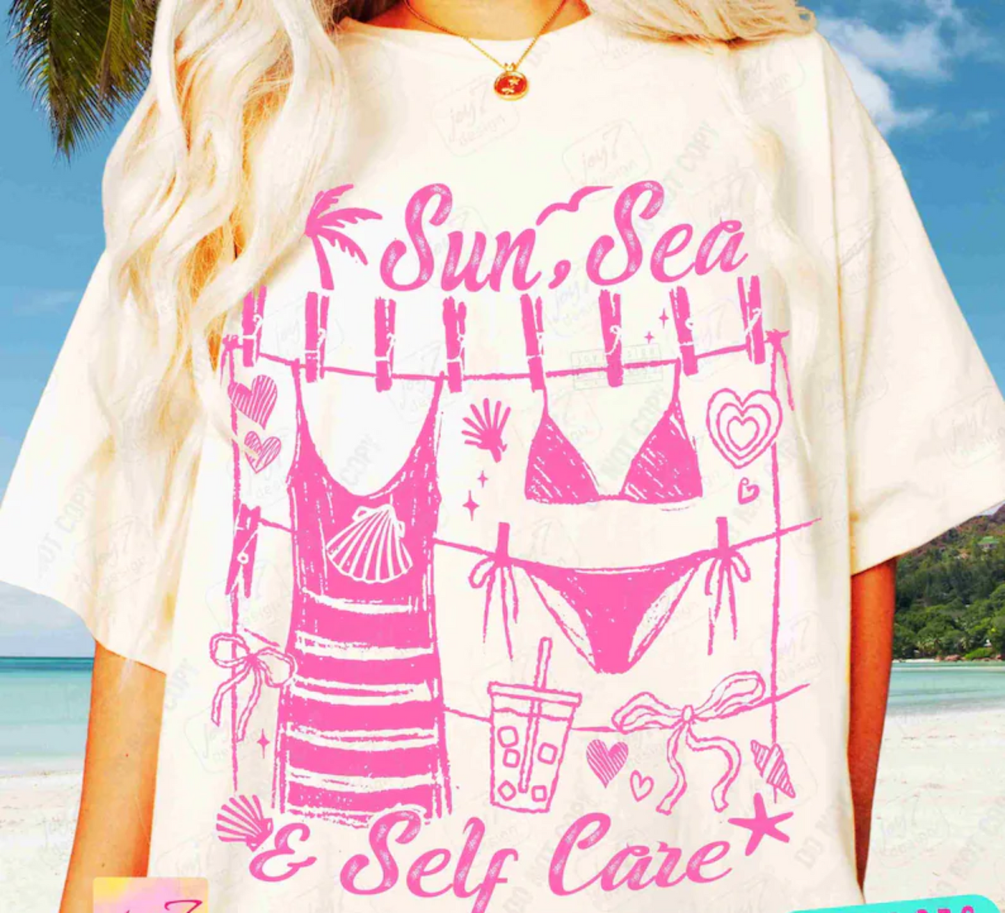 SUN SEA & SELF CARE SUMMER SINGLE COLOR PINK DTF TRANSFER PRINT TO ORDER 731