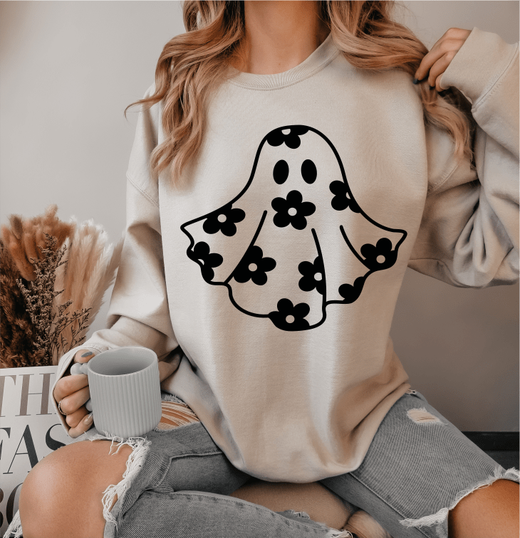 GHOST flowers Halloween SINGLE COLOR BLACK FOAM size ADULT DTF TRANSFERPRINT TO ORDER - Do it yourself Transfers