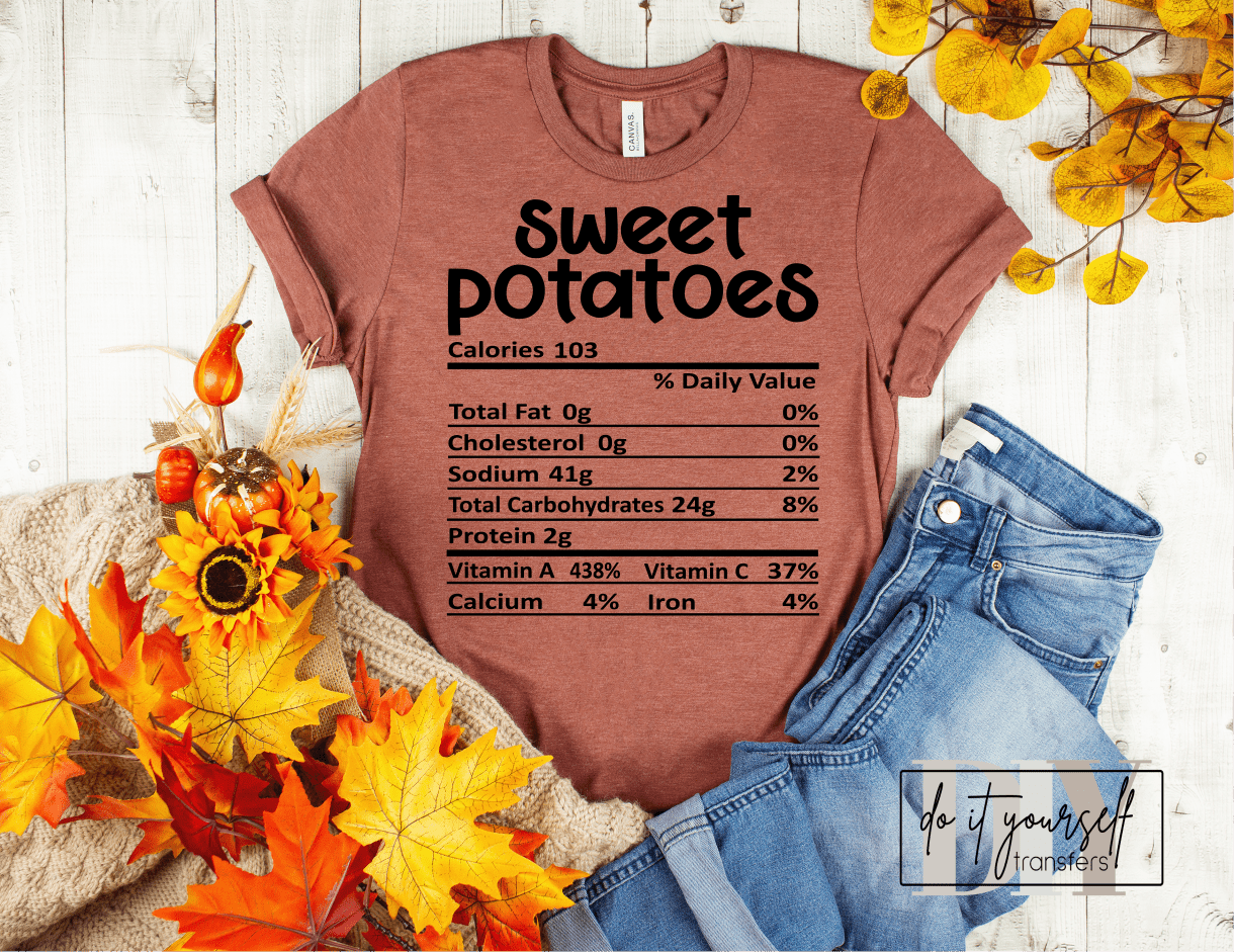 SWEET POTATOES Thanksgiving label SINGLE COLOR BLACK size ADULT DTF TRANSFERPRINT TO ORDER - Do it yourself Transfers