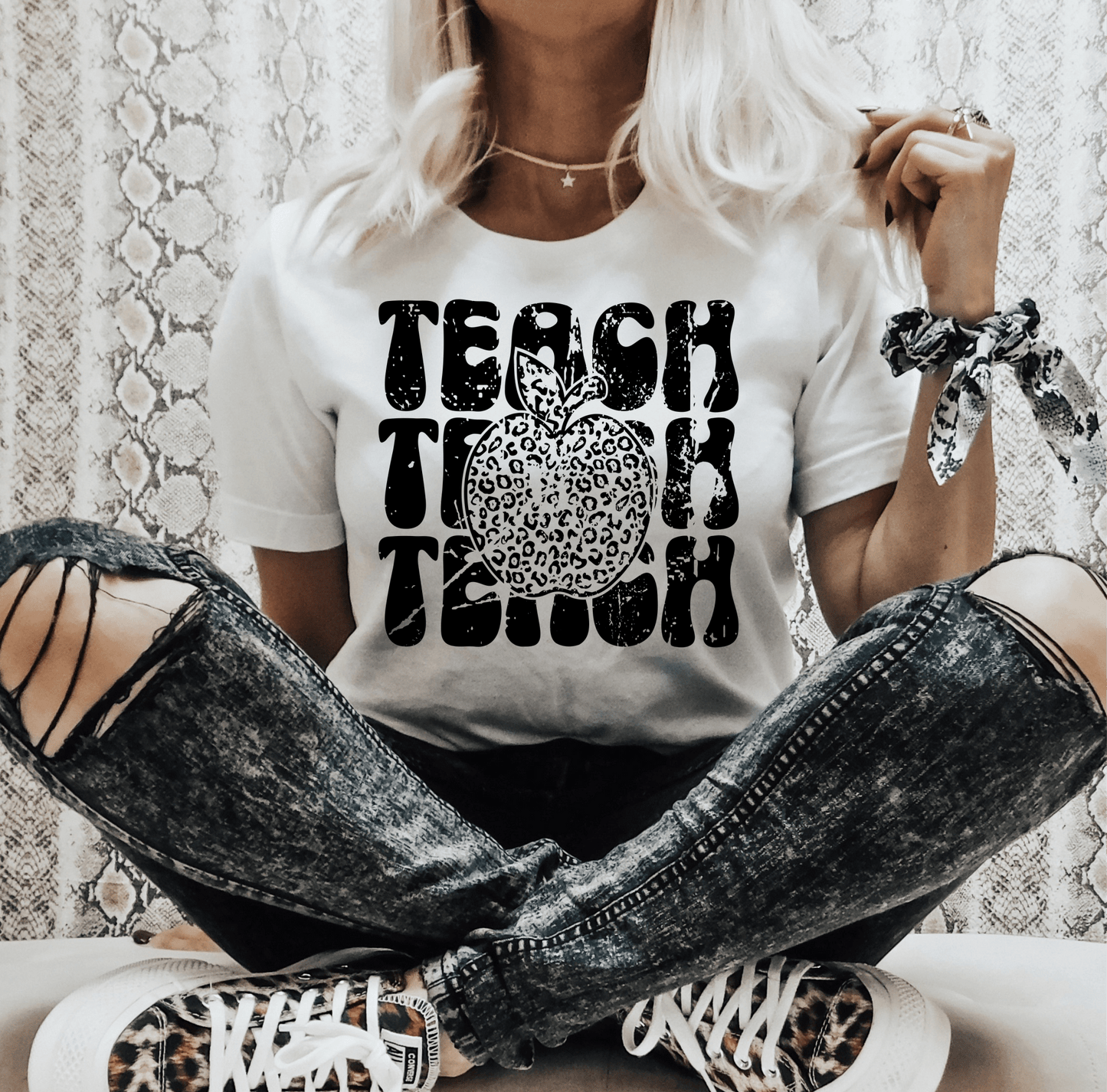 TEACH TEACH TEACH apple leopard SINGLE COLOR BLACK size ADULT DTF TRANSFERPRINT TO ORDER - Do it yourself Transfers