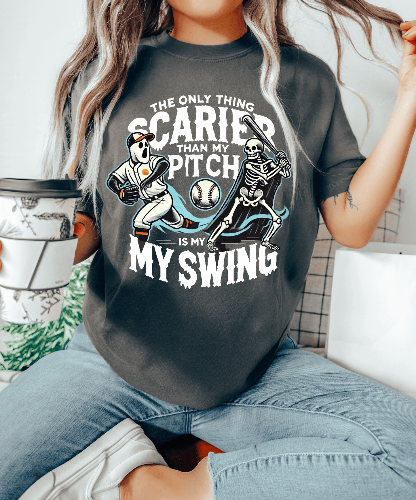 The only thing scarier than my pitch is my swing baseball DTF size ADULT DTF TRANSFER PRINT TO ORDER - Do it yourself Transfers