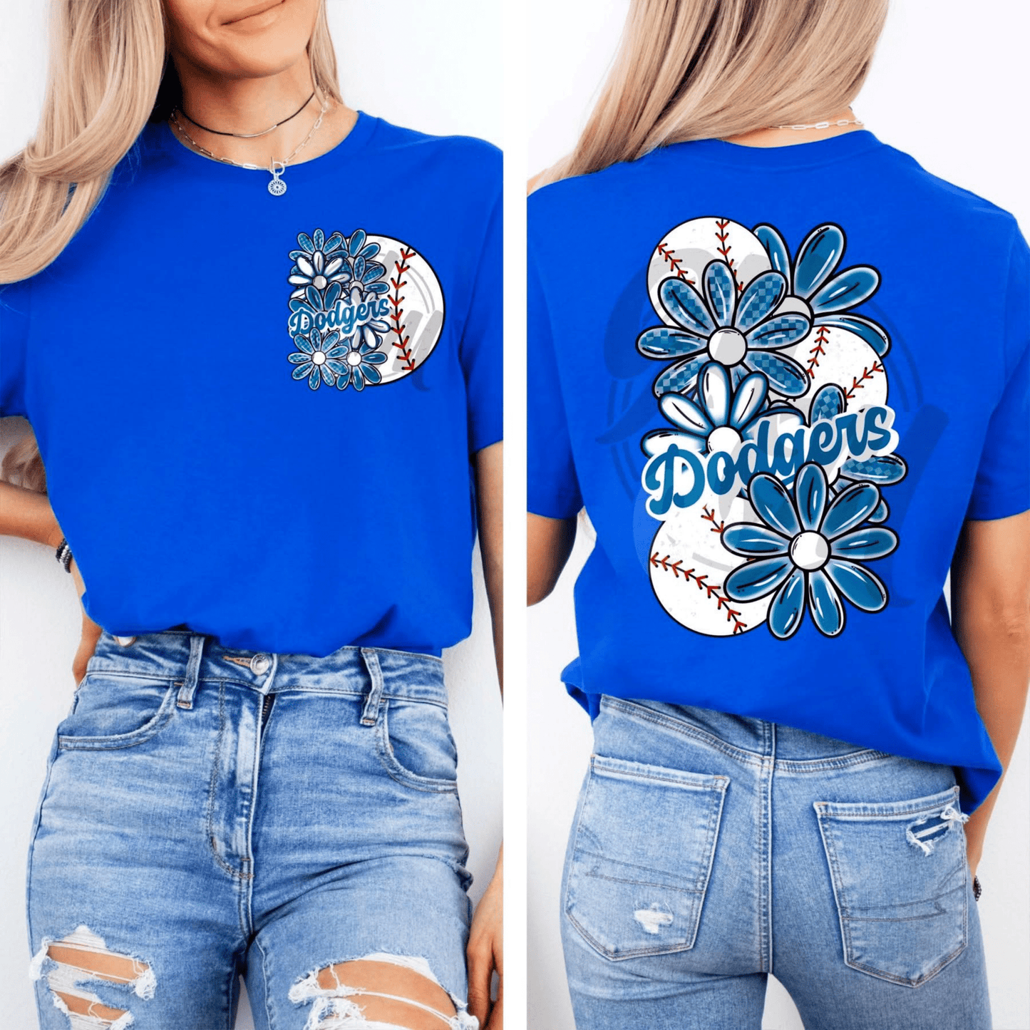 TRANSFER TUESDAY DODGERS BLUE WHITE FLOWERS BASEBALL DTF DIRECT TO FILM transfers size ADULT 9X12 POCKET - Do it yourself Transfers