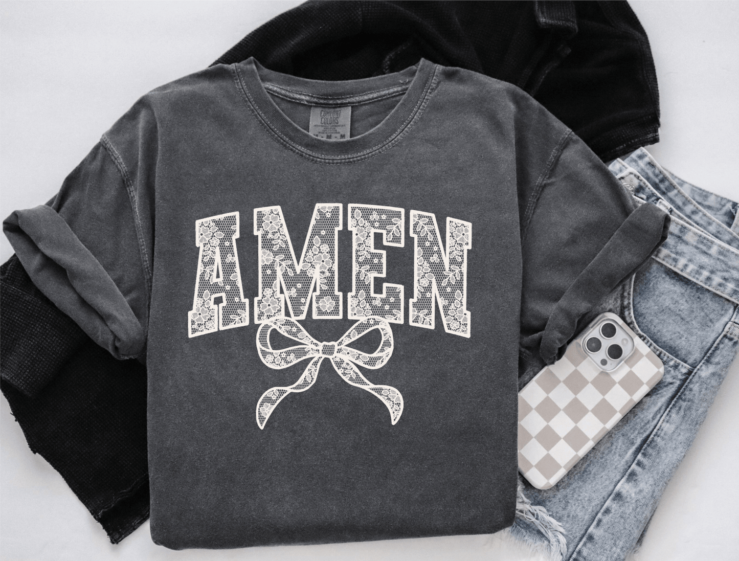 TRANSFER TUESDAY SHIPS FEB 4TH AMEN LACE BOW SINGLE COLOR CREAM Screen Print transfers size ADULT 9X12 - Do it yourself Transfers