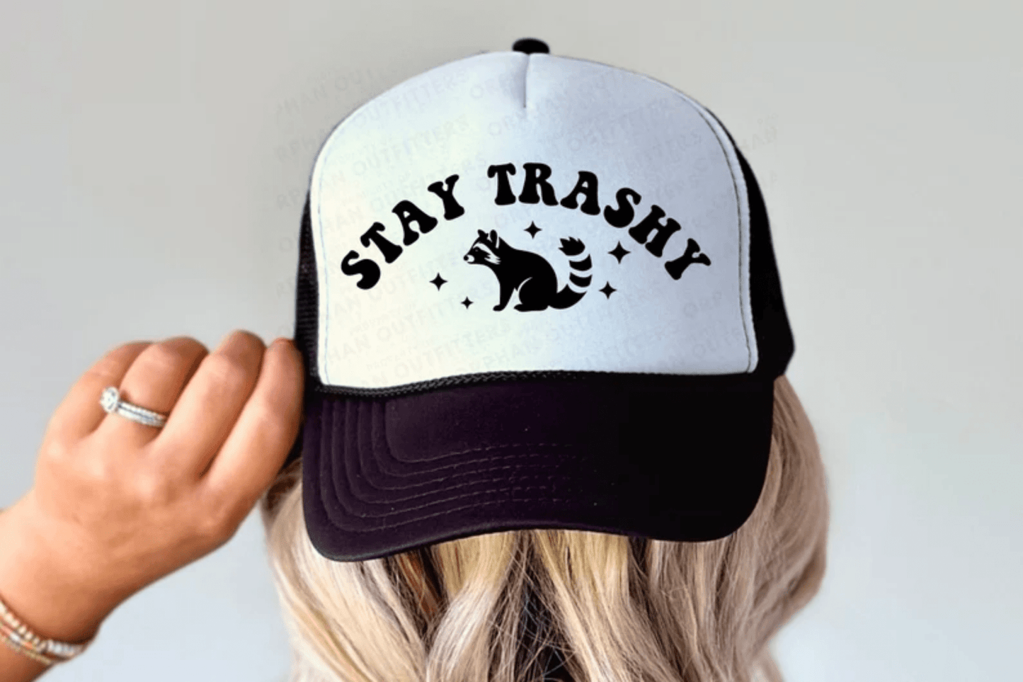 TRANSFER TUESDAY STAY TRASHY RACOON SINGLE COLOR BLACK DTF DIRECT TO FILM transfers HAT SIZE - Do it yourself Transfers