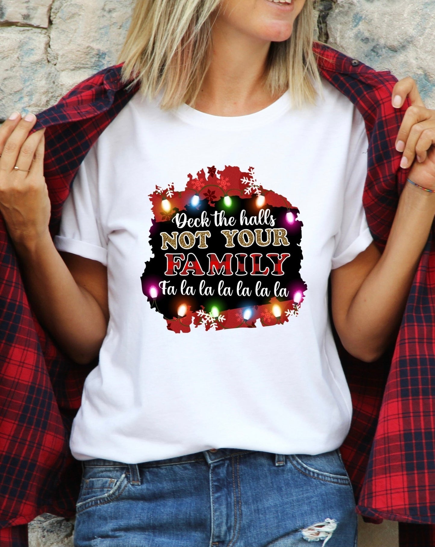 Deck the halls not your family fa la la la la Christmas lights Buffalo plaid DTF TRANSFERPRINT TO ORDER - Do it yourself Transfers