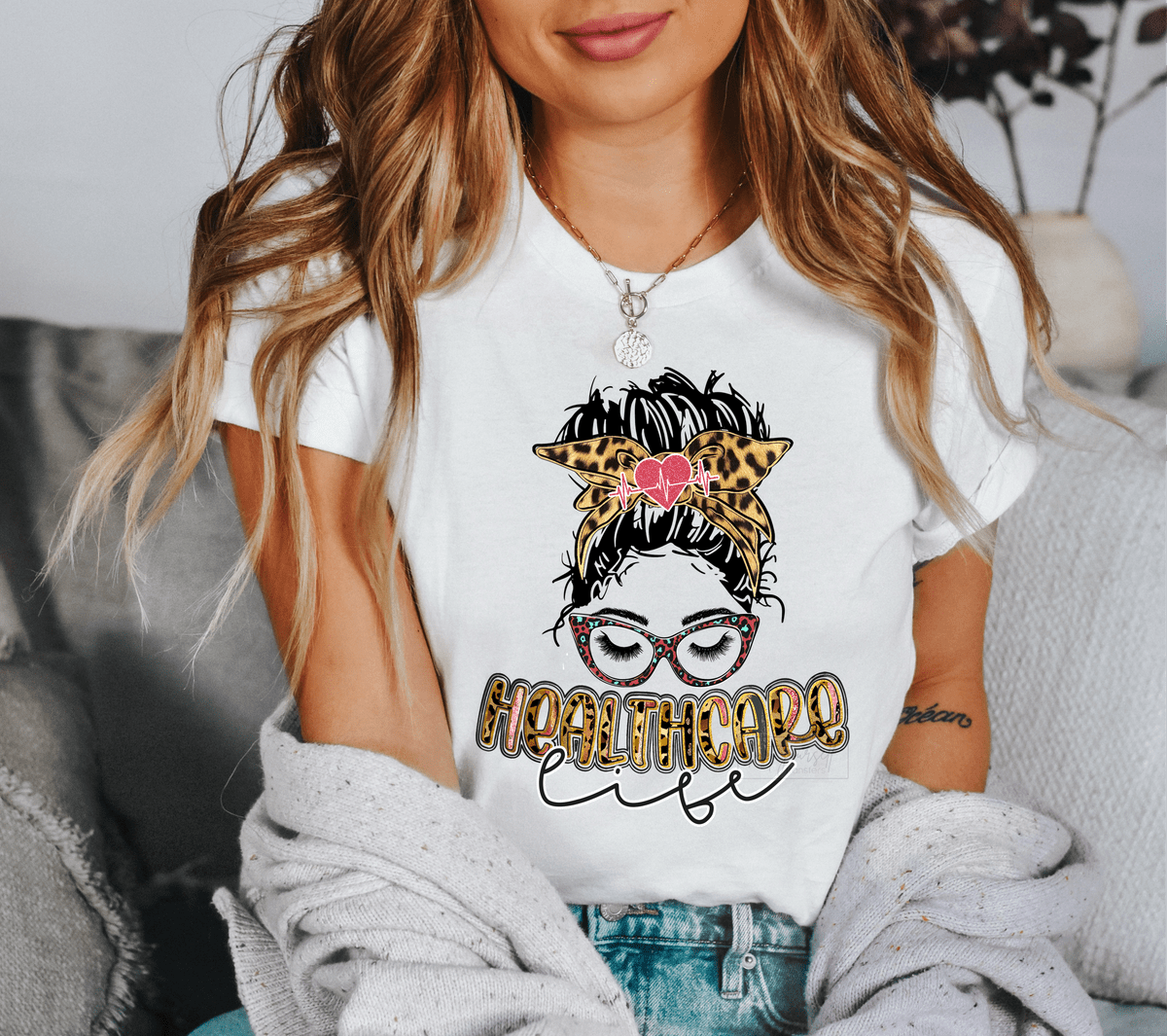 Healthcare Life heart mom bun glasses nurse doctor size ADULT 12x9.6 DTF TRANSFERPRINT TO ORDER - Do it yourself Transfers