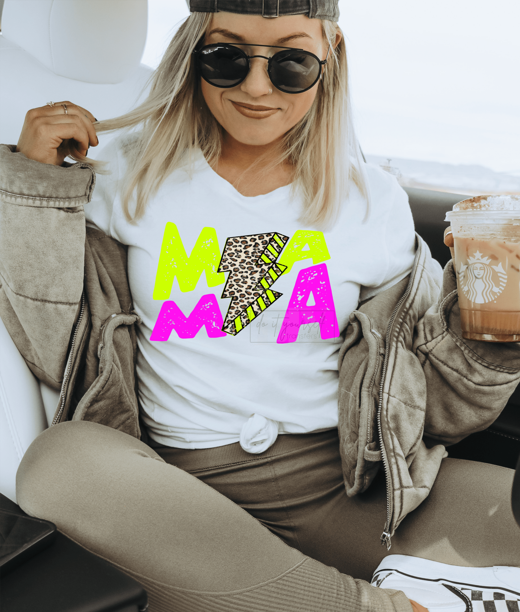 MAMA Leopard lighting bult Neon Green Pink size ADULT DTF TRANSFERPRINT TO ORDER - Do it yourself Transfers