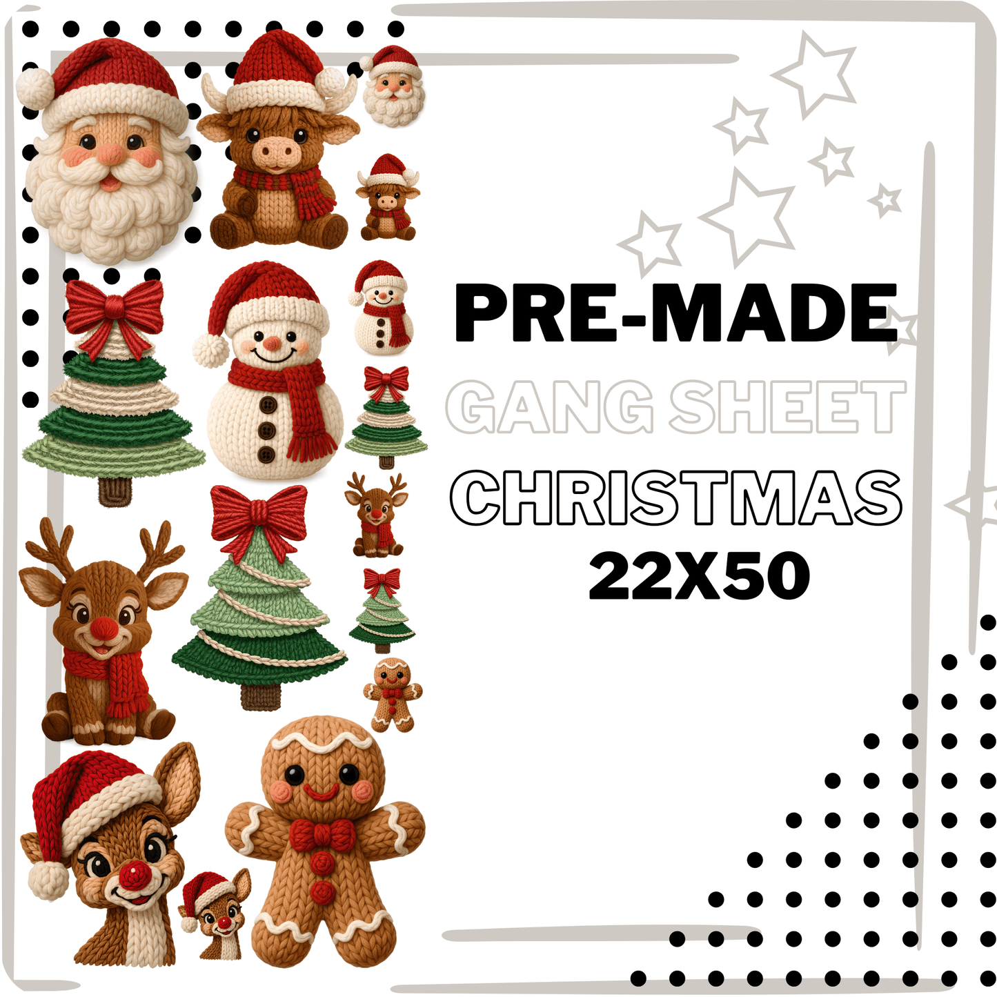 PRE - MADE CHRISTMAS YARN CROCHET THEMED GANG SHEET DTF DIRECT TO FILM transfers size 22x50 - Do it yourself Transfers