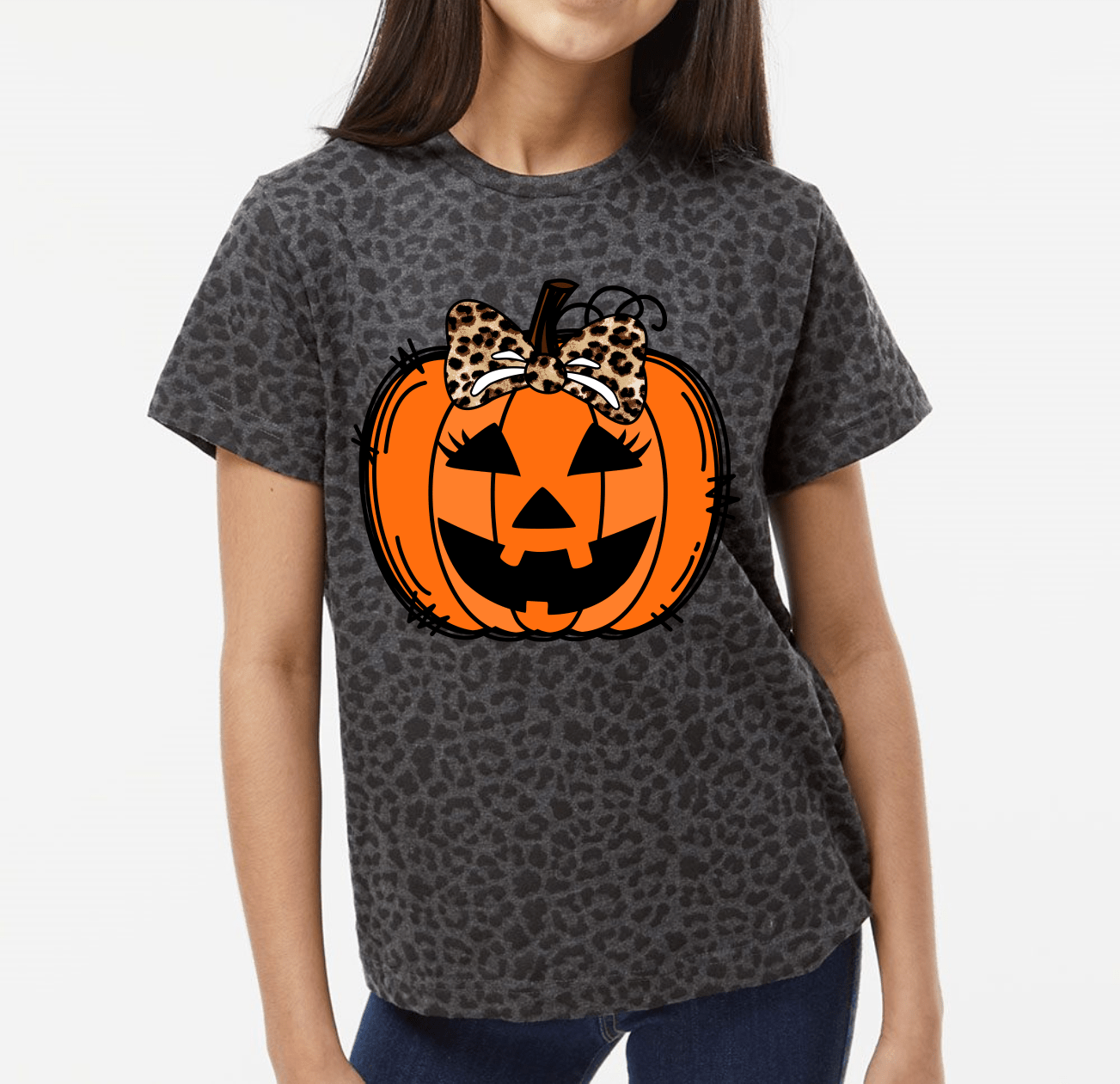 Pumpkin Halloween face leopard bow KIDS 8X8 DTF TRANSFERPRINT TO ORDER - Do it yourself Transfers