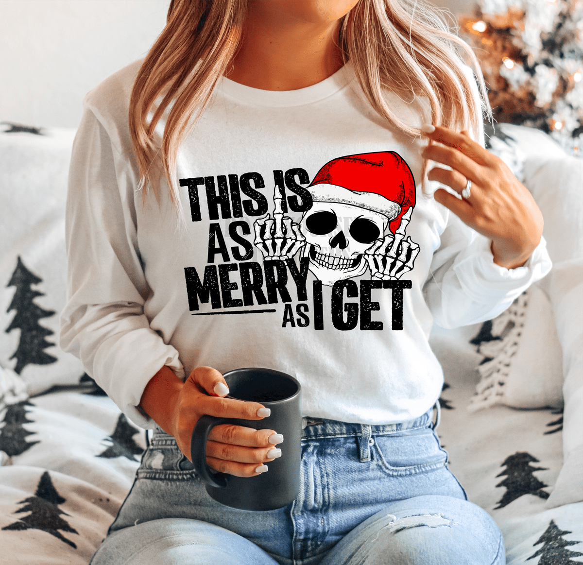 This is as Merry as I get Skull santa hat finger Christmas adult size DTF TRANSFERPRINT TO ORDER - Do it yourself Transfers