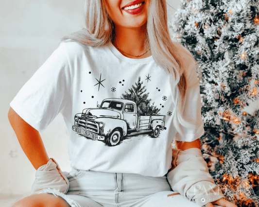 TRANSFER TUESDAY JULY 9TH TRUCK CHRISTMAS TREE RED SINGLE COLOR BLACK Screen Print transfers size ADULT 9X12 - Do it yourself Transfers