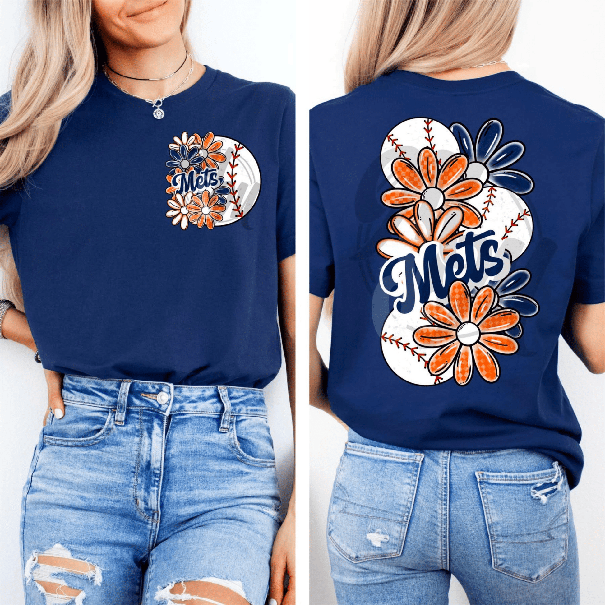 TRANSFER TUESDAY M E T S FLOWERS NAVY ORANGE FLOWERS DTF DIRECT TO FILM transfers size ADULT 9X12 POCKET - Do it yourself Transfers