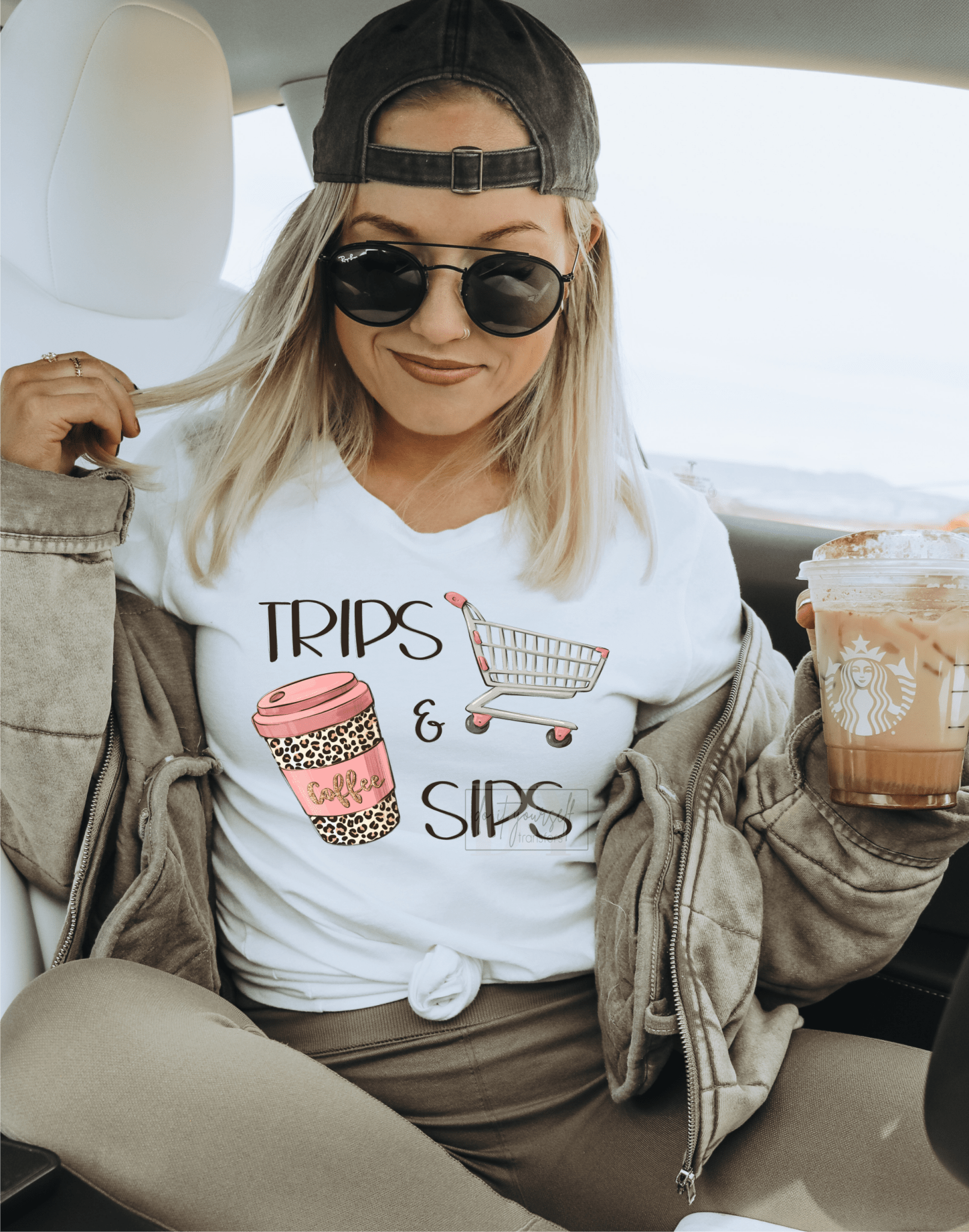 Trips and Sip Coffee Shopping pink leopard cup size ADULT DTF TRANSFERPRINT TO ORDER - Do it yourself Transfers