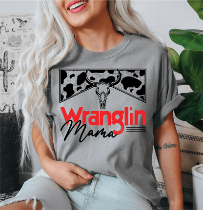 Wranglin Mama bull skull cow print size ADULT 11.5x10 DTF TRANSFERPRINT TO ORDER - Do it yourself Transfers