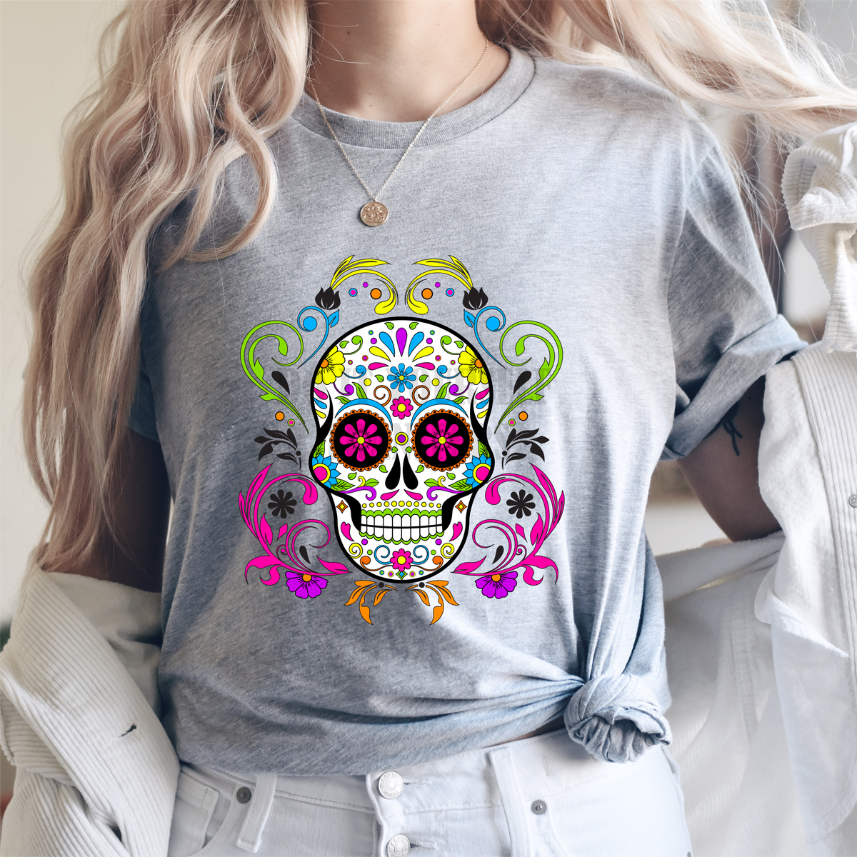 Sugar Skull bright Adult size DTF TRANSFER PRINT TO ORDER 130